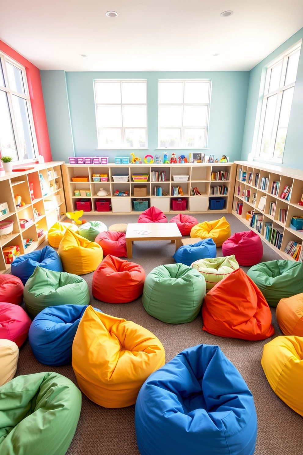 Colorful bean bags in various shapes and sizes are scattered across a spacious playroom, creating a fun and inviting atmosphere. The walls are painted in bright, cheerful colors, and large windows allow natural light to flood the space, enhancing the playful vibe. A dedicated corner features a low table surrounded by bean bags, perfect for arts and crafts activities. Shelves filled with toys and books line the walls, adding to the room's vibrant and engaging design.