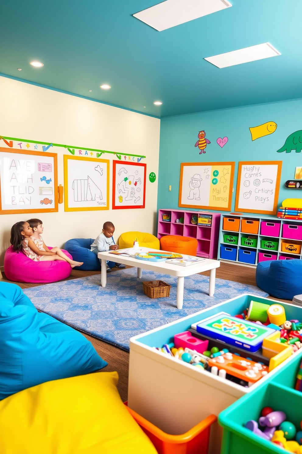 A vibrant playroom filled with interactive magnetic dry erase boards on the walls encourages creativity and learning. Colorful bean bags and soft rugs create a cozy space for children to play and explore their imagination. The room features a large table with art supplies and educational games, promoting collaborative play. Brightly colored storage bins keep toys organized, while playful wall art adds a fun atmosphere to the space.