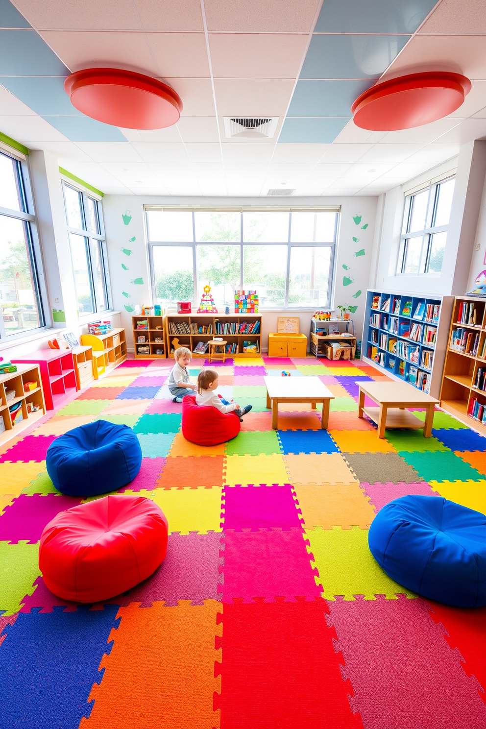 A vibrant playroom filled with colorful puzzle mats that create a soft and safe area for children to explore and learn. The walls are adorned with playful murals and the space features a variety of educational toys and bookshelves for easy access. The seating area includes bean bags and low tables for group activities, fostering collaboration and creativity. Large windows allow natural light to flood the room, enhancing the cheerful atmosphere and inviting children to engage in imaginative play.