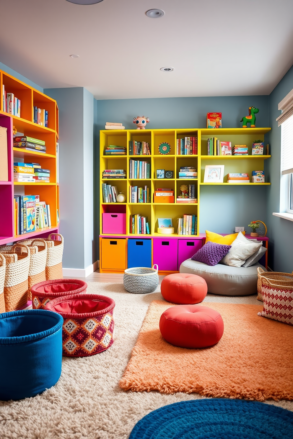 A vibrant modern playroom designed to stimulate creativity and fun. The room features large windows with sheer curtains allowing natural light to flood in, complemented by colorful wall decals and playful artwork. A cozy reading nook is created with a plush bean bag chair and a small bookshelf filled with children's books. Brightly colored rugs define play areas, while soft lighting fixtures add warmth to the space.