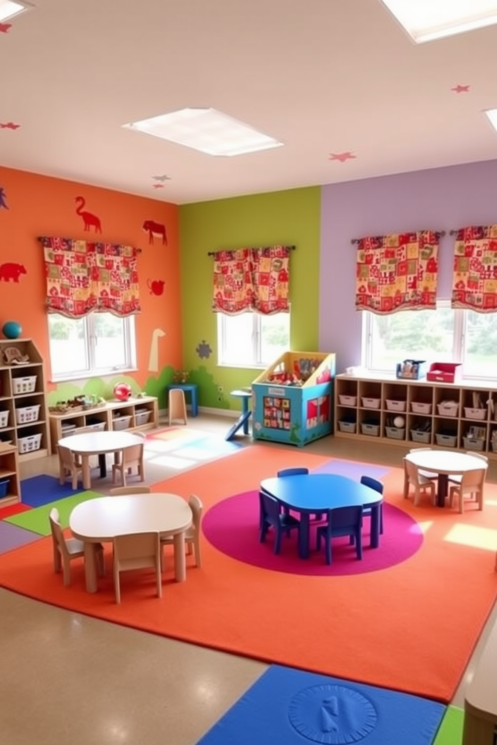 A vibrant playroom designed for structured activities features colorful wall decals of animals and shapes. The space includes a large, soft rug in bright colors, surrounded by low tables and chairs for creative projects. In one corner, a climbing structure with safety mats encourages physical play, while shelves hold organized bins filled with toys and art supplies. Natural light floods the room through large windows adorned with playful curtains, creating an inviting atmosphere for children to explore and learn.