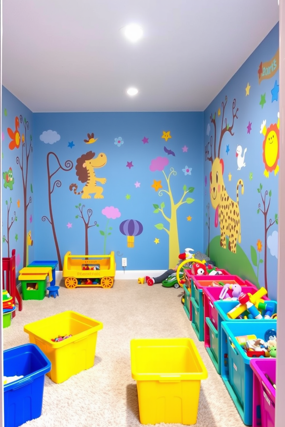 A vibrant playroom filled with colorful wall decals depicting playful animals and whimsical shapes. The room features a soft, plush carpet and a variety of toys neatly organized in bright storage bins.