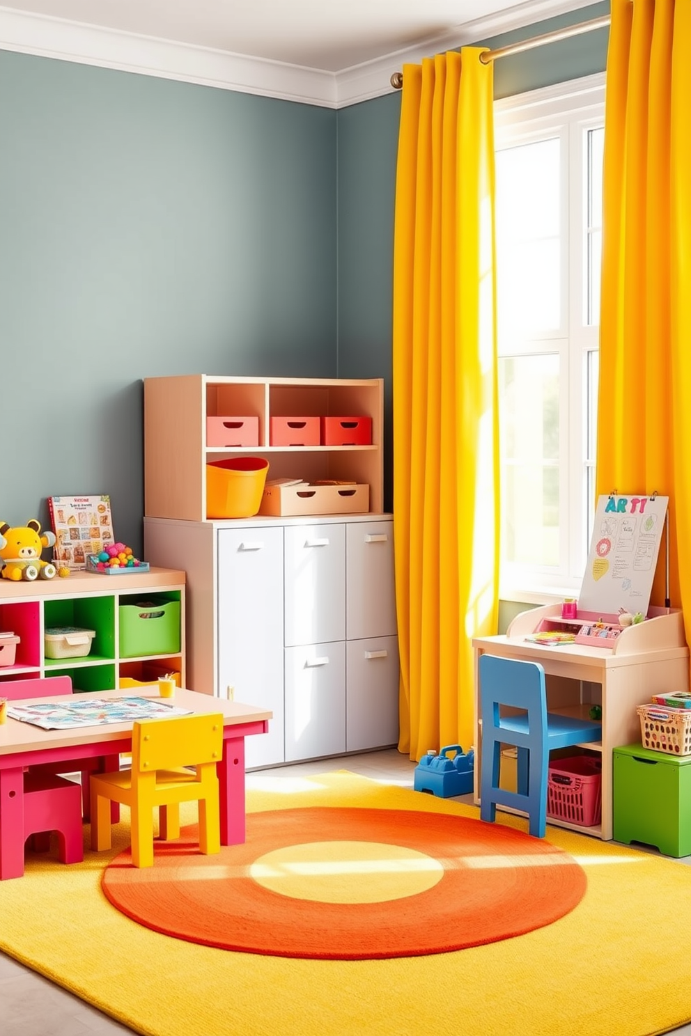 Bright curtains to add color and light fill the room with warmth and vibrancy. The playroom features playful furniture in bold colors and a soft area rug for comfort. Interactive play zones are designed with multifunctional storage solutions to keep toys organized. A creative art station encourages imagination with easy access to art supplies and craft materials.