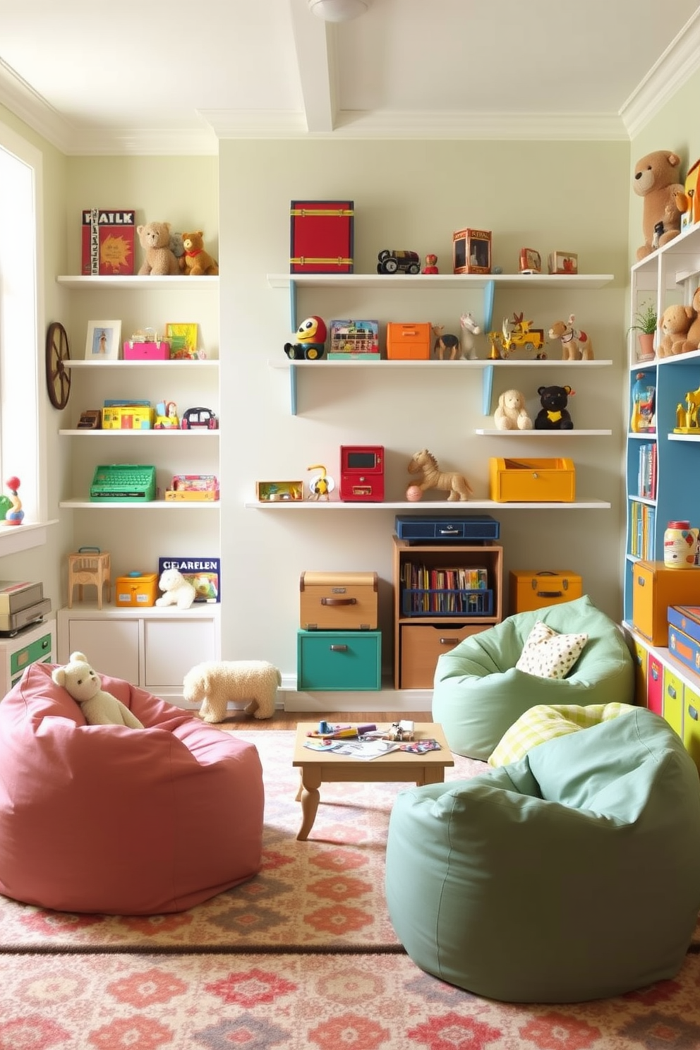 A vibrant playroom filled with wall decals featuring playful animals and whimsical patterns. The space includes a soft, colorful rug and a cozy reading nook with bean bags for children to relax and enjoy their favorite books. Brightly colored furniture in various shapes encourages creativity and play. Large windows allow natural light to flood the room, enhancing the cheerful atmosphere.