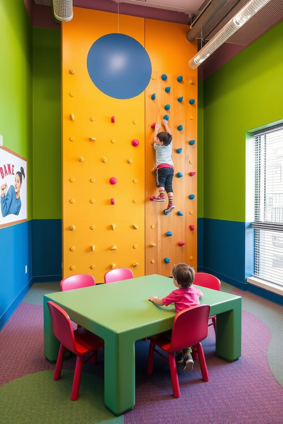 A modern playroom designed with an incorporated climbing wall for physical activity. The space features vibrant wall colors and soft flooring, creating a fun and safe environment for children to play and explore.