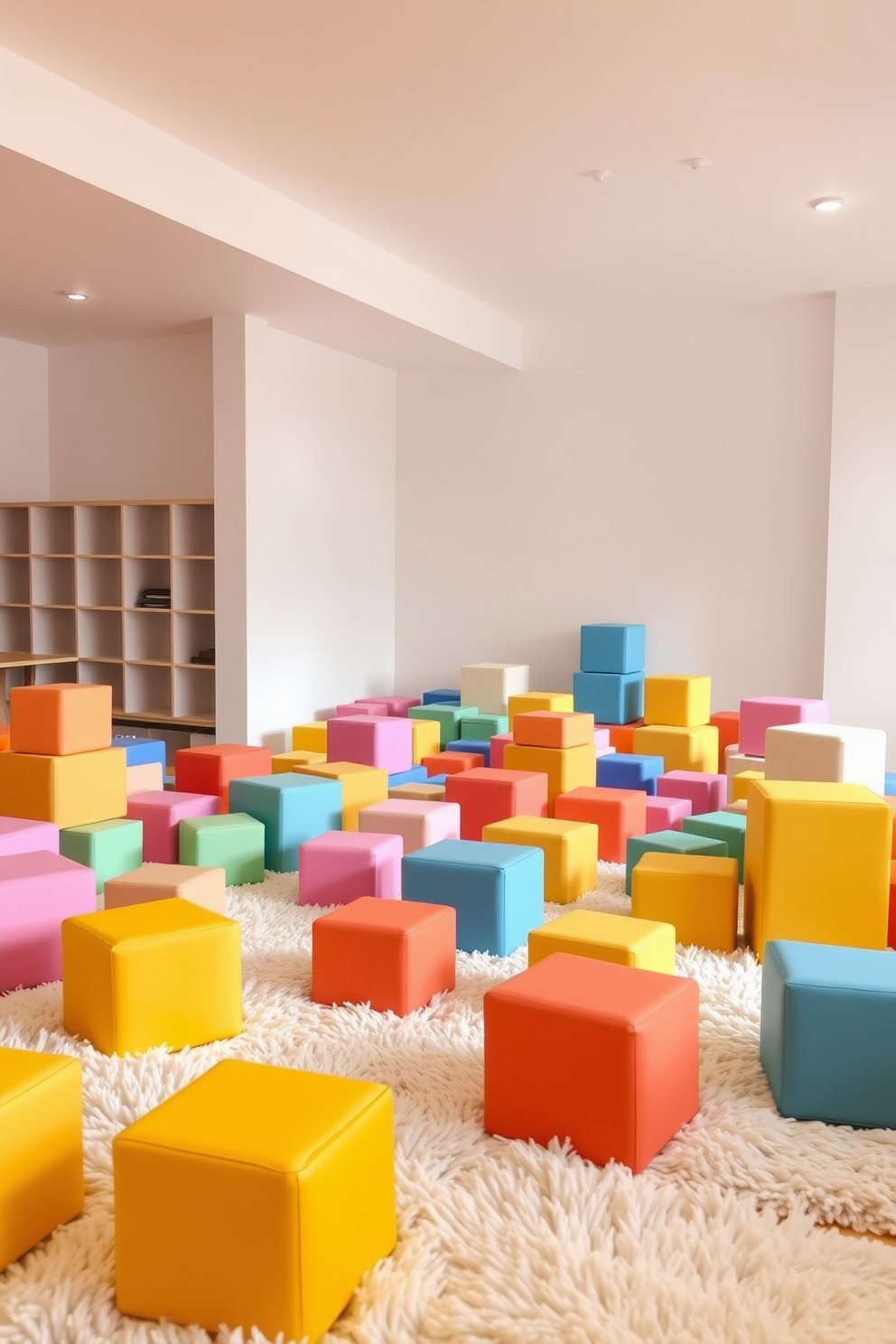 A modern playroom filled with soft foam blocks in various colors for safe playtime. The walls are painted in a light, cheerful hue, and there are plush rugs on the floor to create a cozy atmosphere.