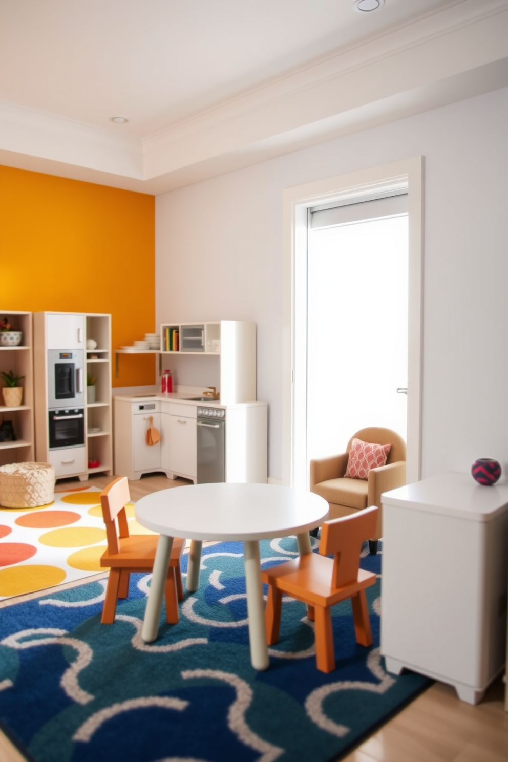 A modern playroom features miniature furniture designed for role-playing scenarios. The space includes a colorful rug, a small table with chairs, and a play kitchen set against a bright accent wall.