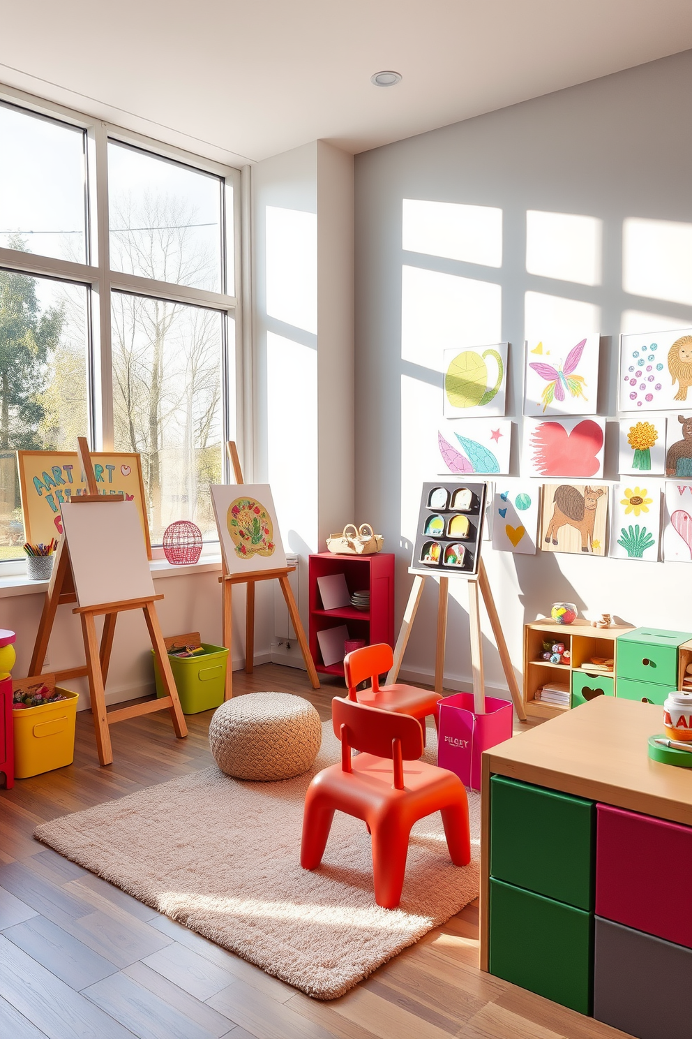 A modern playroom filled with soft lighting creates a cozy and inviting atmosphere. The walls are painted in a light pastel color, and plush rugs cover the floor for added comfort. Colorful storage bins are neatly arranged to keep toys organized, while a large, comfortable bean bag chair sits in one corner. A low table with art supplies encourages creativity, and whimsical wall art adds a playful touch.