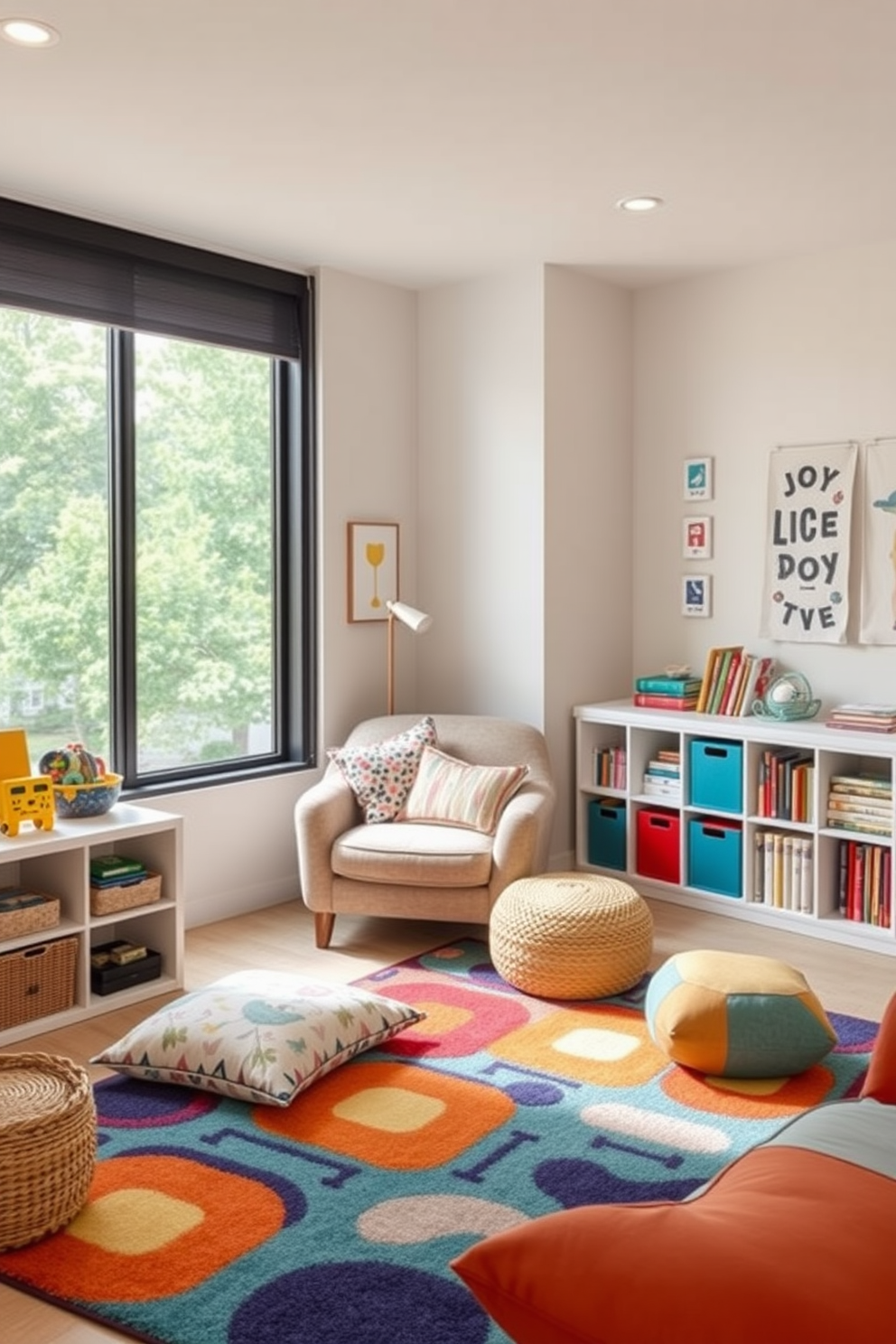 A vibrant playroom filled with modular furniture that can be easily rearranged to create flexible layouts. The space features colorful bean bags, a low table for arts and crafts, and wall-mounted storage for toys and games. Brightly colored accent walls complement the playful atmosphere, while large windows allow natural light to fill the room. A soft area rug provides a comfortable play surface, and fun wall decals add a whimsical touch to the design.