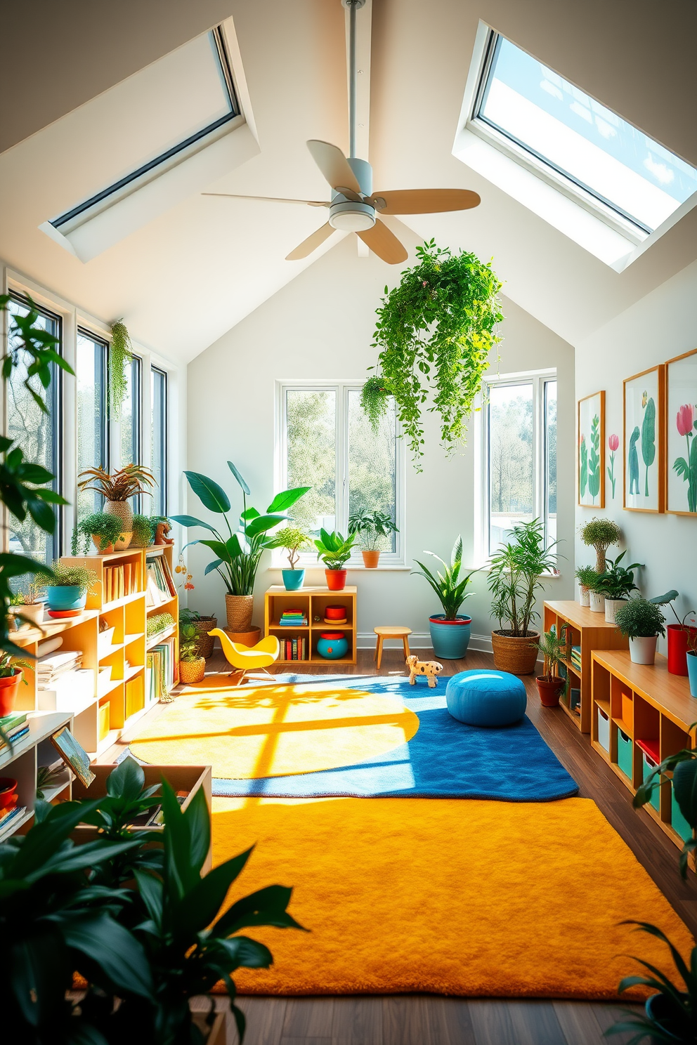 A vibrant playroom filled with colorful furniture and playful decor. In one corner, there is a small music area featuring a piano and a cozy rug, inviting creativity and fun. The walls are painted in bright, cheerful colors, and shelves are filled with toys and books. A large window allows natural light to flood the space, enhancing the lively atmosphere.