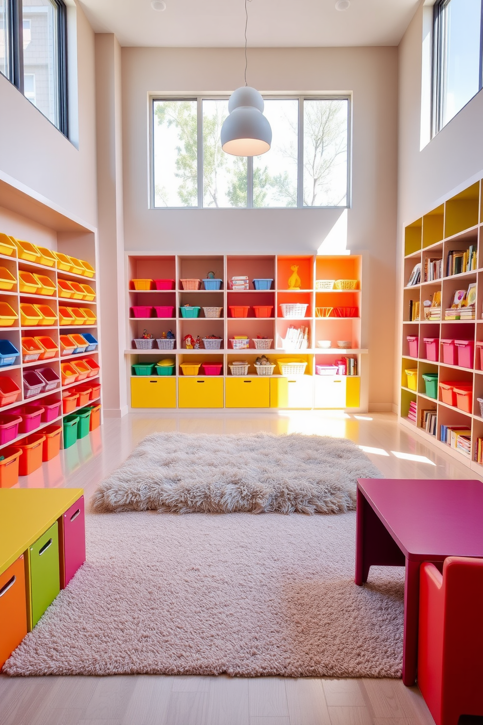 Brightly colored storage bins are arranged neatly along the walls, providing a cheerful and organized space. The playroom features a soft, plush rug in the center, surrounded by vibrant furniture that encourages creativity and play. Modern playroom design ideas include a multifunctional space with built-in shelving for toys and books. Large windows allow natural light to flood the room, enhancing the playful atmosphere with bright, inviting colors.