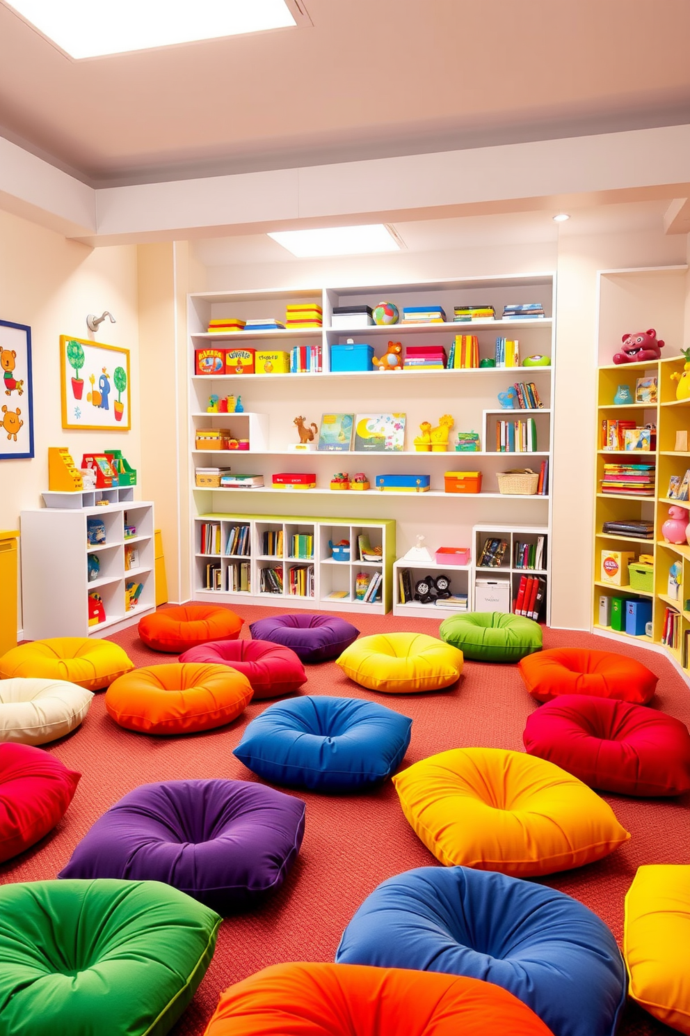 A vibrant playroom filled with colorful floor cushions scattered around for comfortable seating options. The walls are adorned with playful artwork and shelves filled with toys and books, creating an inviting atmosphere for children to relax and play.