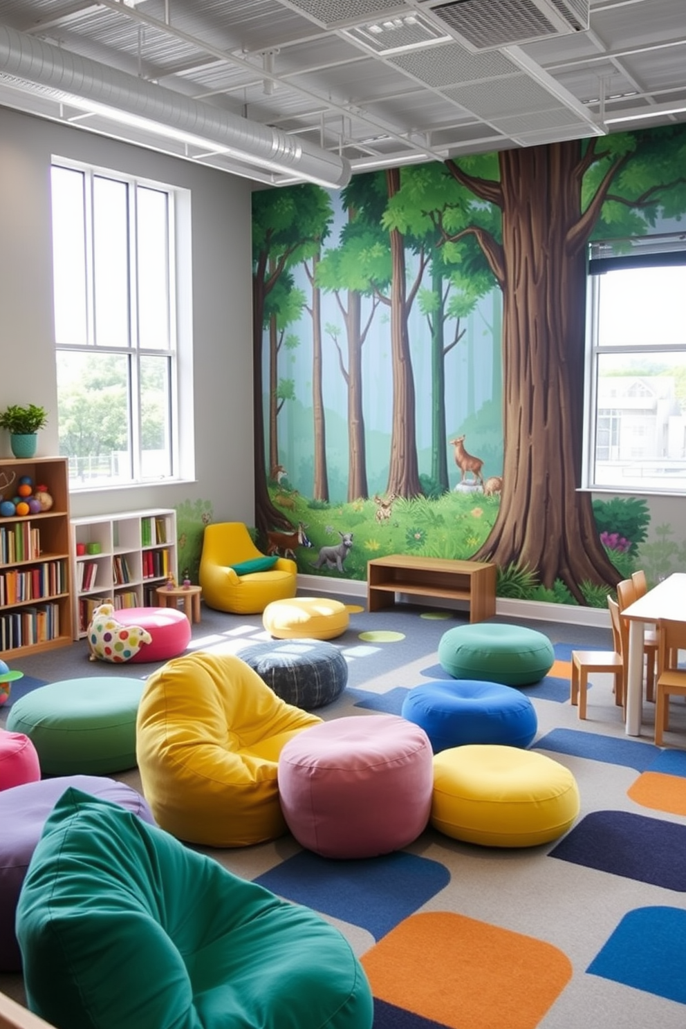 A nature-inspired mural depicting a vibrant forest scene covers one wall, featuring tall trees and colorful wildlife. The playful ambiance is enhanced by soft, plush seating in bright colors and whimsical shapes scattered throughout the room. The playroom is designed with a variety of activity zones, including a reading nook with cozy bean bags and a craft area with a large table. Natural light floods the space through large windows, creating an inviting atmosphere for creativity and exploration.