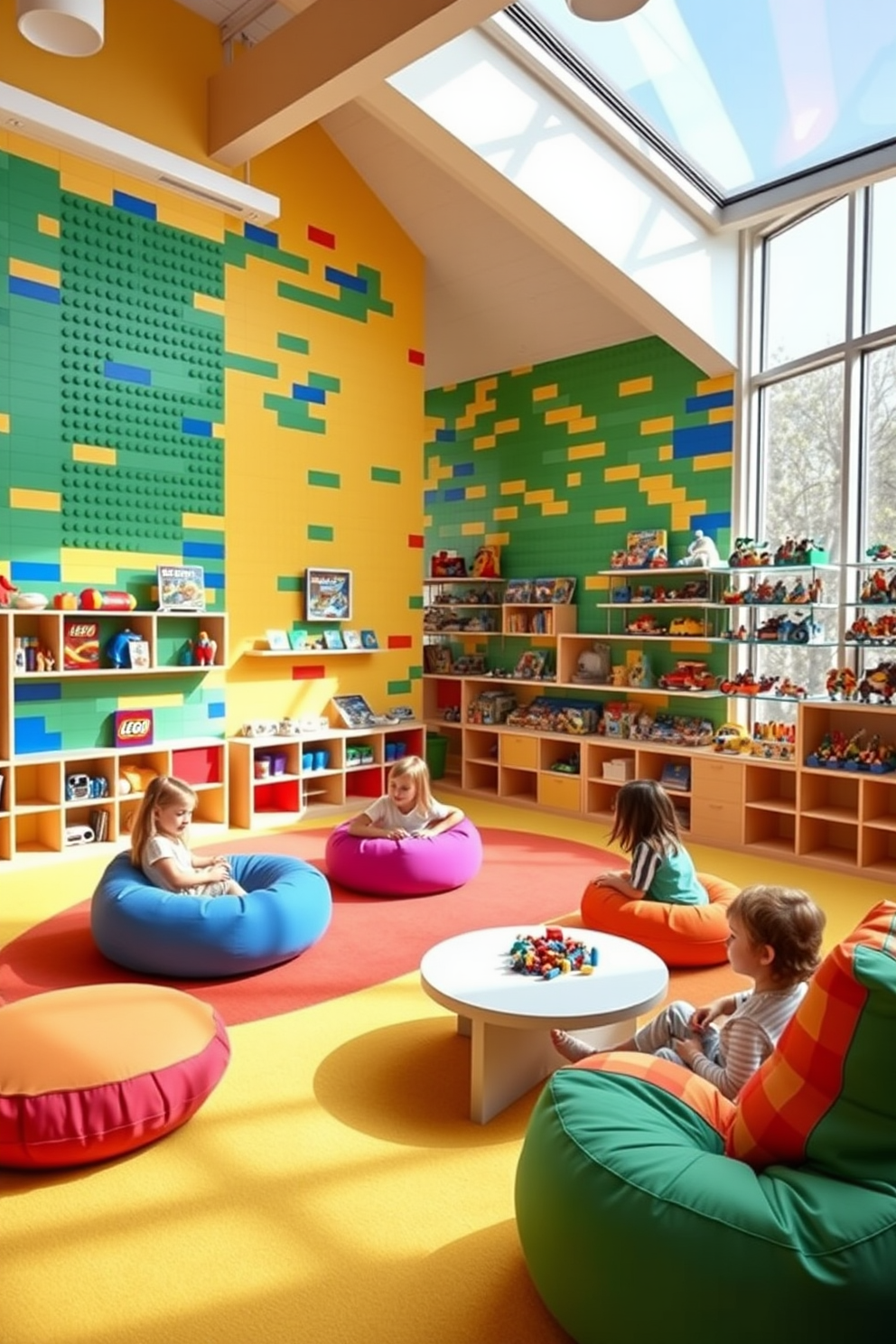 A vibrant playroom filled with colorful Lego walls invites creativity and endless building fun. Soft, cushioned flooring in bright hues complements the playful atmosphere, while ample natural light streams through large windows. The walls are adorned with shelves showcasing various Lego sets and creations, encouraging imaginative play. Comfortable seating areas with bean bags and low tables provide spaces for kids to collaborate and build together.