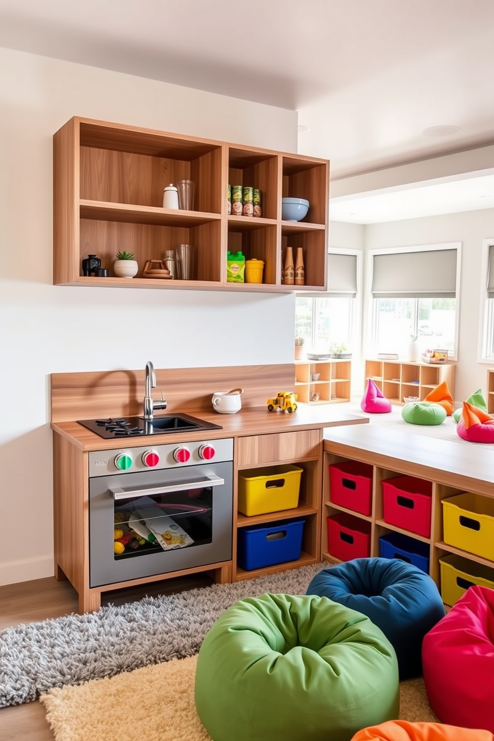 A stylish play kitchen designed for imaginative play features a sleek wooden countertop with a built-in sink and a miniature stove with colorful knobs. The walls are painted in a cheerful pastel color, and open shelves display playful kitchenware and food items. Modern playroom design ideas include a spacious area with soft, plush rugs and vibrant bean bags for comfortable seating. Brightly colored storage bins are neatly organized, providing easy access to toys, while large windows allow natural light to fill the space.