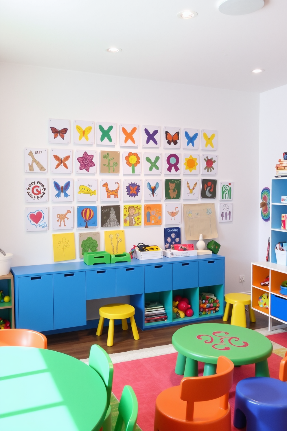 A vibrant playroom filled with colorful textures and playful elements. The walls are painted in soft pastel shades, and a large, plush area rug features a whimsical pattern that invites children to sit and play. In one corner, a cozy reading nook is created with oversized bean bags and a bookshelf filled with bright, illustrated books. A chalkboard wall provides a creative outlet, while playful wall decals add a touch of fun and imagination to the space.