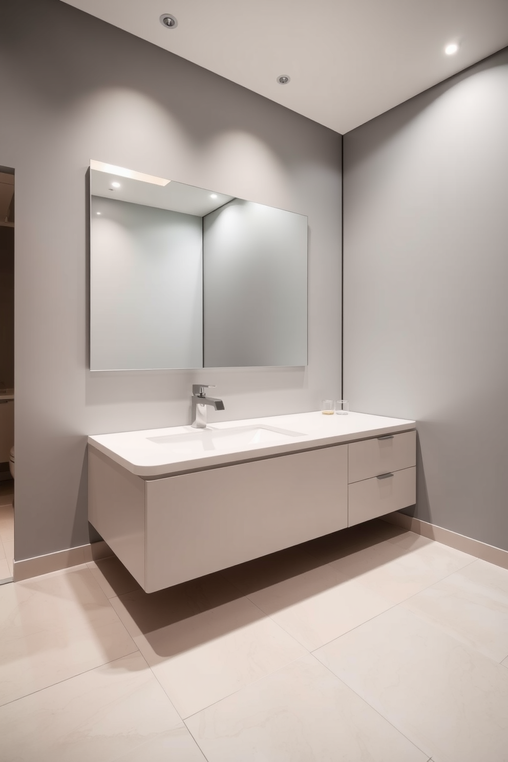 A sleek floating vanity is mounted against a soft gray wall, featuring a glossy white countertop with an integrated sink. Above the vanity, a bold round mirror with a black frame creates a striking focal point, reflecting stylish pendant lighting that hangs above. The floor is adorned with large format white tiles, providing a clean and modern look. Accents of greenery in a small potted plant and a neatly folded towel on the vanity add warmth to the contemporary space.