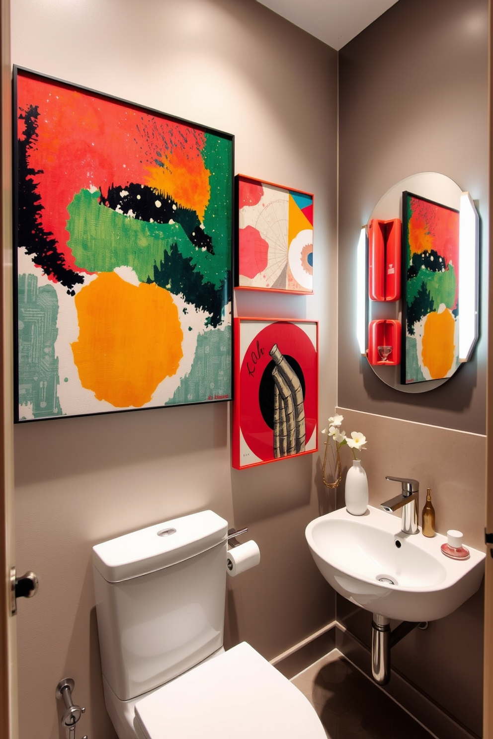 A modern powder room featuring large mirrors that reflect light and create an illusion of depth. The walls are adorned with textured wallpaper in soft neutral tones, and the floor is covered with sleek dark tiles.