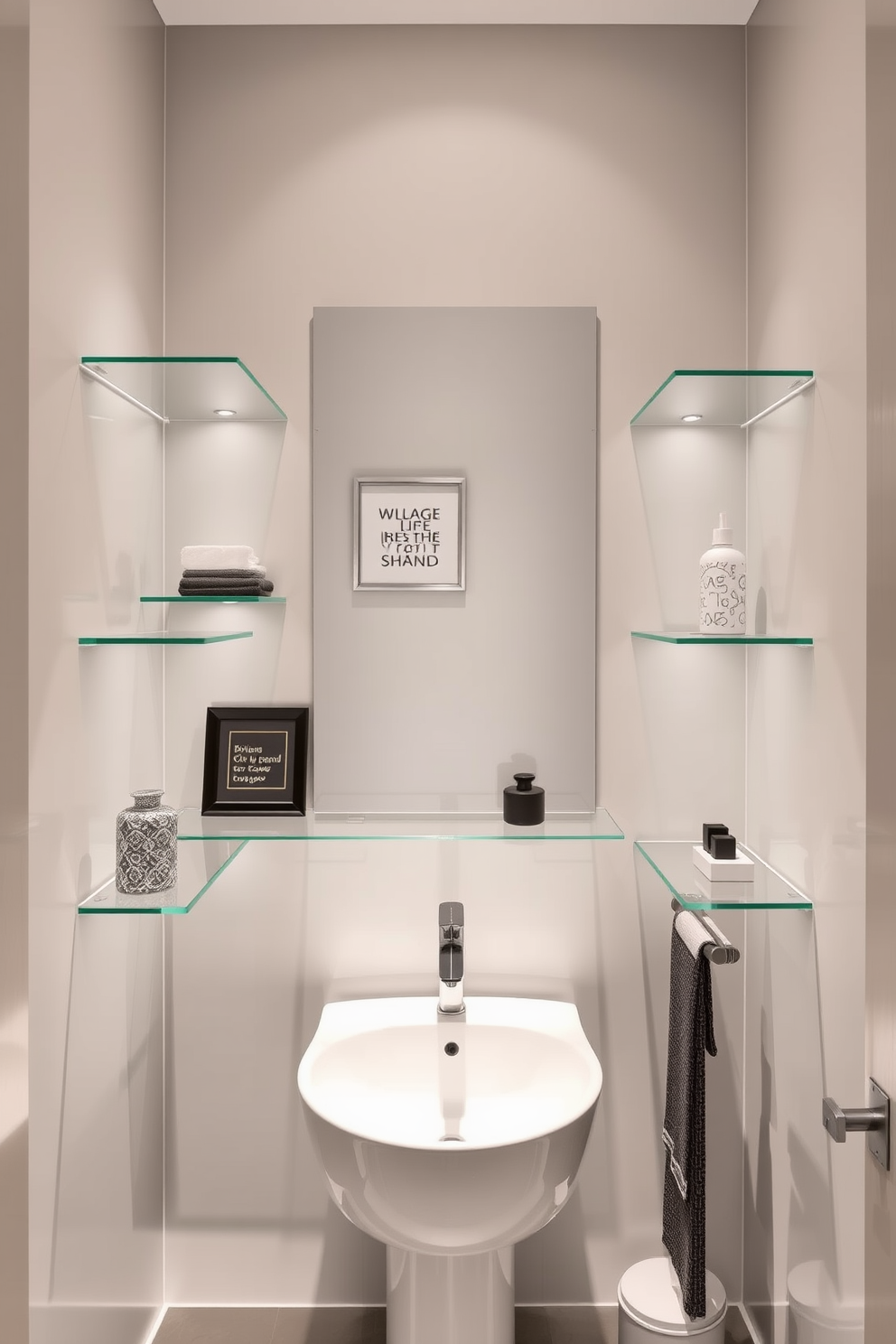 A sleek modern powder room features glass shelves elegantly mounted on the walls, showcasing curated decor items and stylish accessories. The space is illuminated by soft ambient lighting, highlighting the clean lines and minimalist aesthetic of the design.