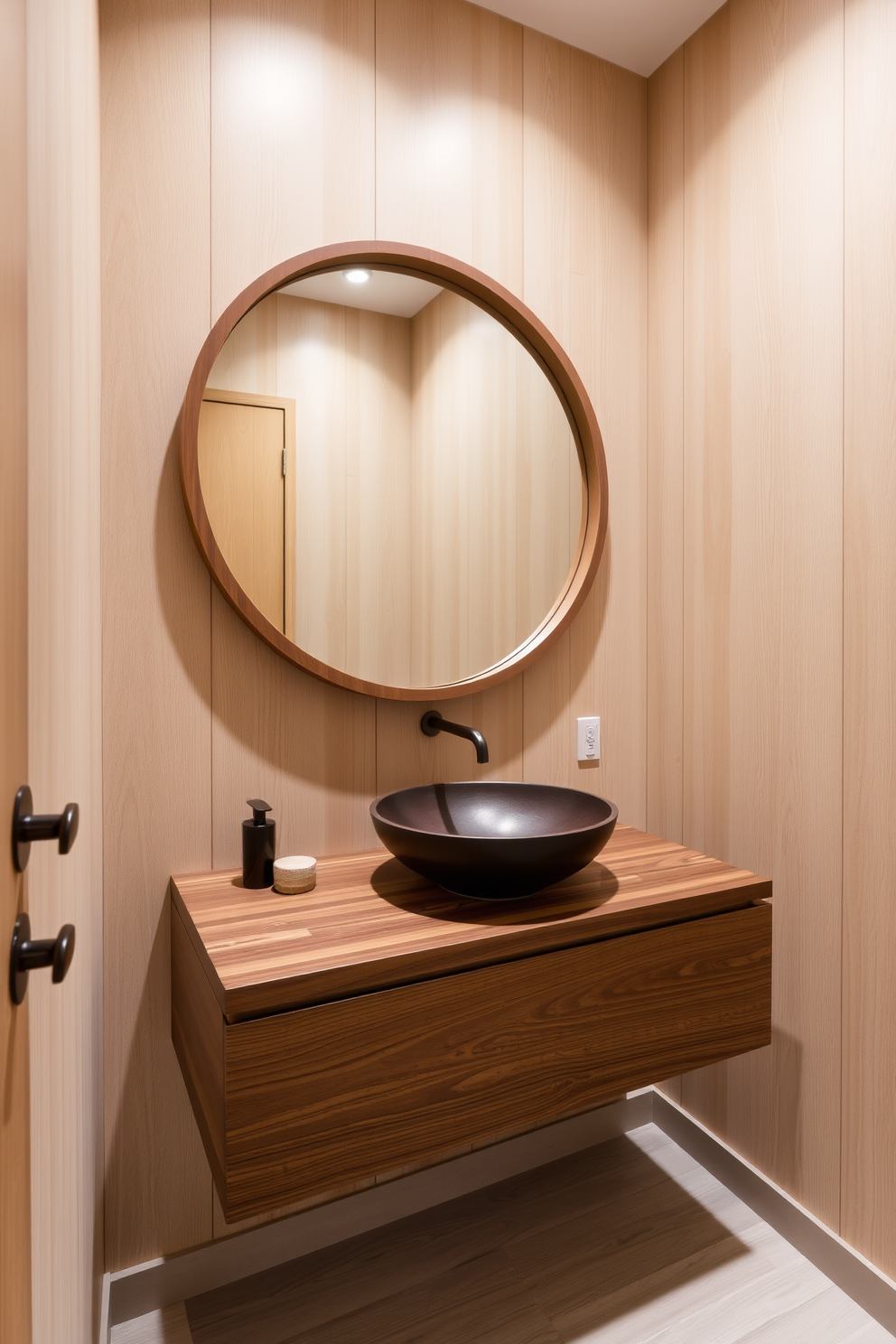 A modern powder room featuring natural wood elements that create a warm and inviting atmosphere. The walls are adorned with light wood paneling, complemented by a sleek floating vanity made of rich walnut, showcasing a stylish vessel sink. Soft ambient lighting illuminates the space, highlighting the textures of the wood and the elegant fixtures. A large round mirror with a wooden frame hangs above the vanity, enhancing the natural aesthetic and providing a sense of openness.