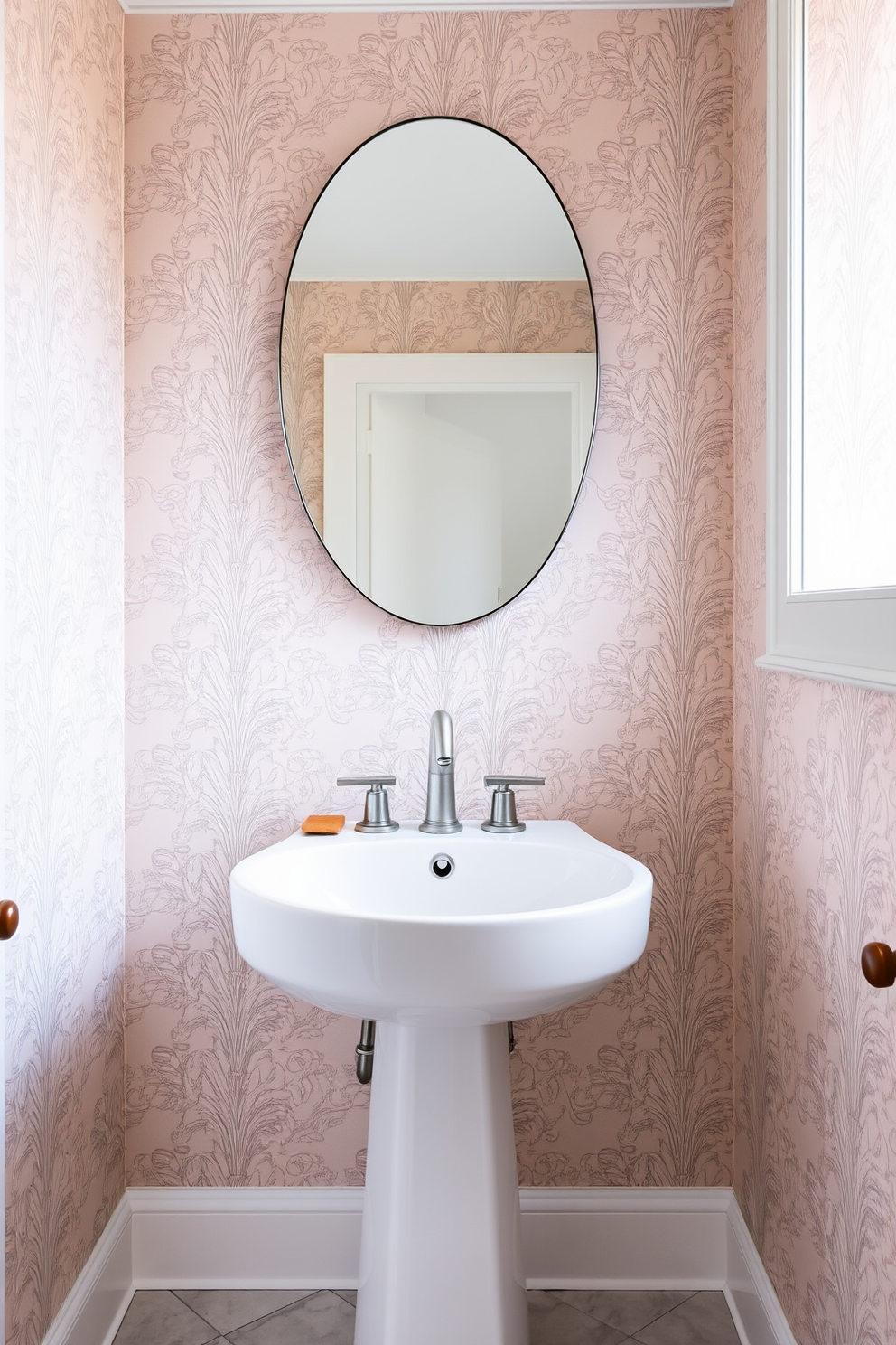 A modern powder room featuring a statement faucet with a unique design that serves as the focal point of the space. The walls are adorned with elegant wallpaper in soft pastels, complemented by a sleek pedestal sink that enhances the room's contemporary feel.