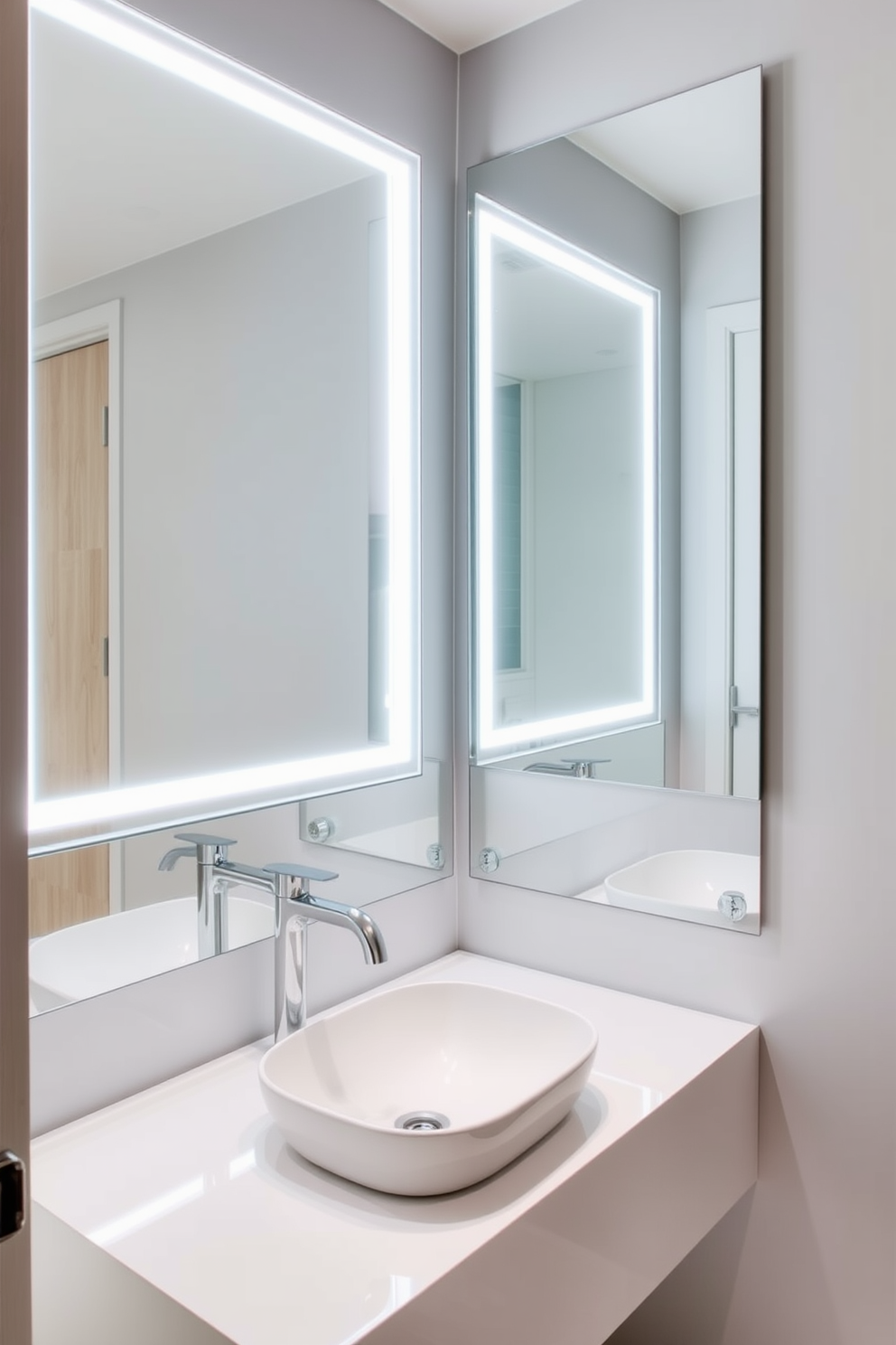 A modern powder room featuring integrated lighting within the mirror design. The space includes a sleek floating vanity with a unique sink and stylish fixtures that complement the illuminated mirror.