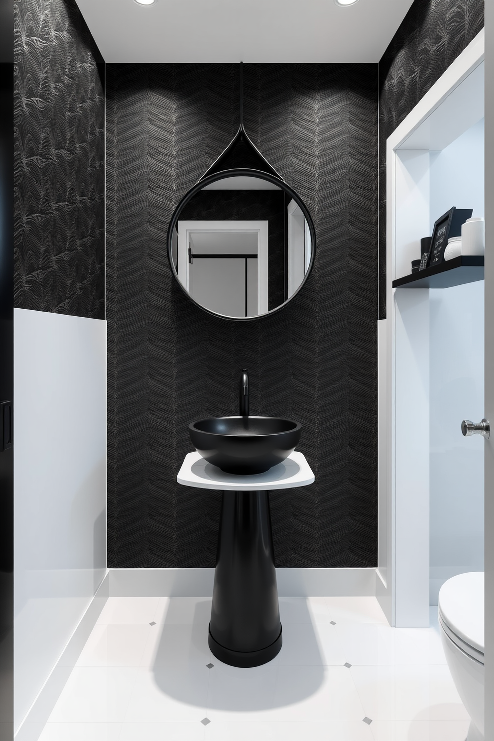 A modern powder room features striking black and white elements that create a bold and elegant atmosphere. The walls are adorned with a sleek black wallpaper, while the floor showcases glossy white tiles that reflect light beautifully. A contemporary pedestal sink with a matte black faucet serves as the centerpiece of the room. Above the sink, a round black-framed mirror adds depth, and a minimalist black shelf displays stylish decor items.