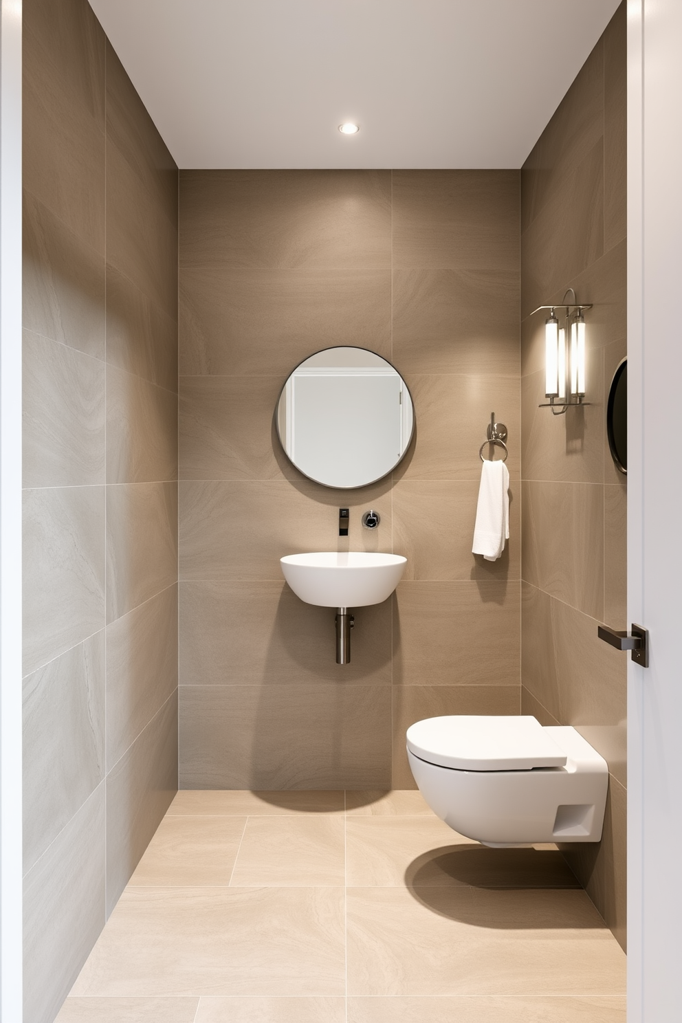 A modern powder room featuring large format tiles that create a seamless and continuous look across the walls and floor. The space is accentuated by sleek fixtures and minimalist decor that enhance the contemporary aesthetic.