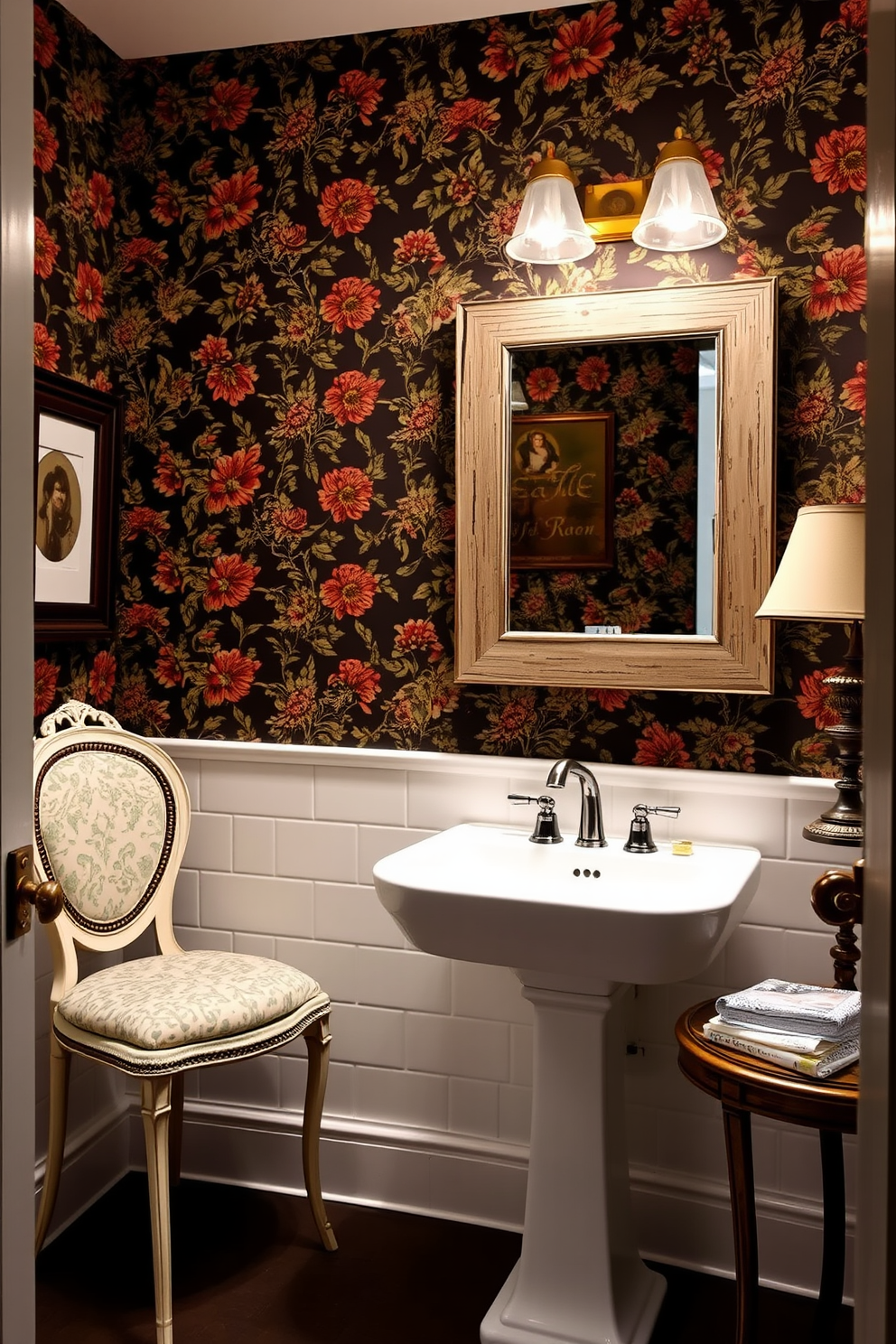 A modern powder room featuring integrated plants for a fresh touch. The space includes a sleek floating vanity with a quartz countertop and a stylish vessel sink. Lush greenery is strategically placed on shelves and around the mirror to enhance the ambiance. The walls are painted in a soft white hue, and the floor is adorned with elegant hexagonal tiles.