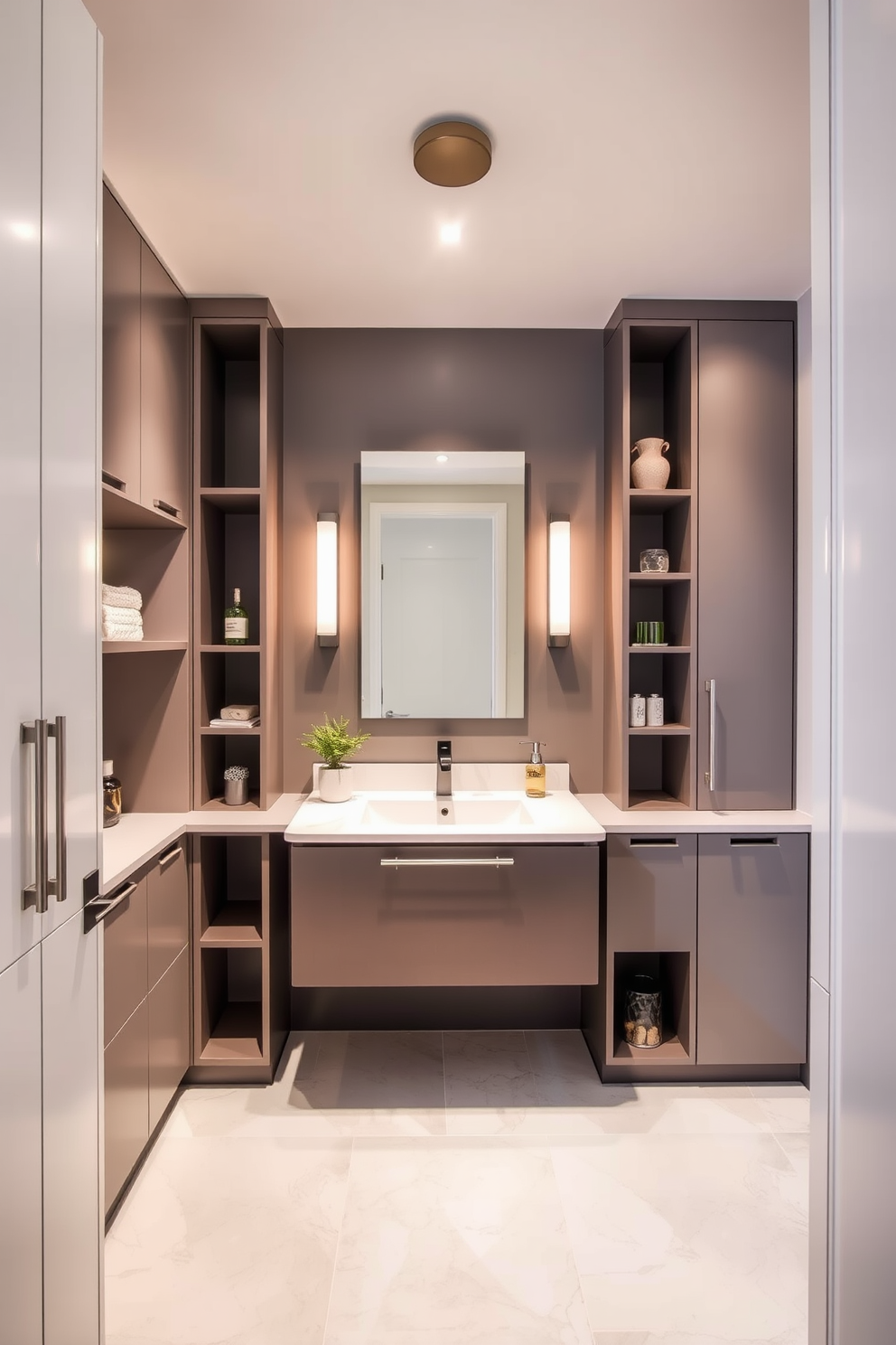 A modern powder room features sleek cabinetry with integrated storage solutions that maximize space. The design incorporates a floating vanity with a minimalist aesthetic, complemented by stylish open shelving for decorative items. The color palette is a blend of soft neutrals and bold accents, creating a welcoming atmosphere. Lighting fixtures are strategically placed to enhance the room's elegance while providing ample illumination.