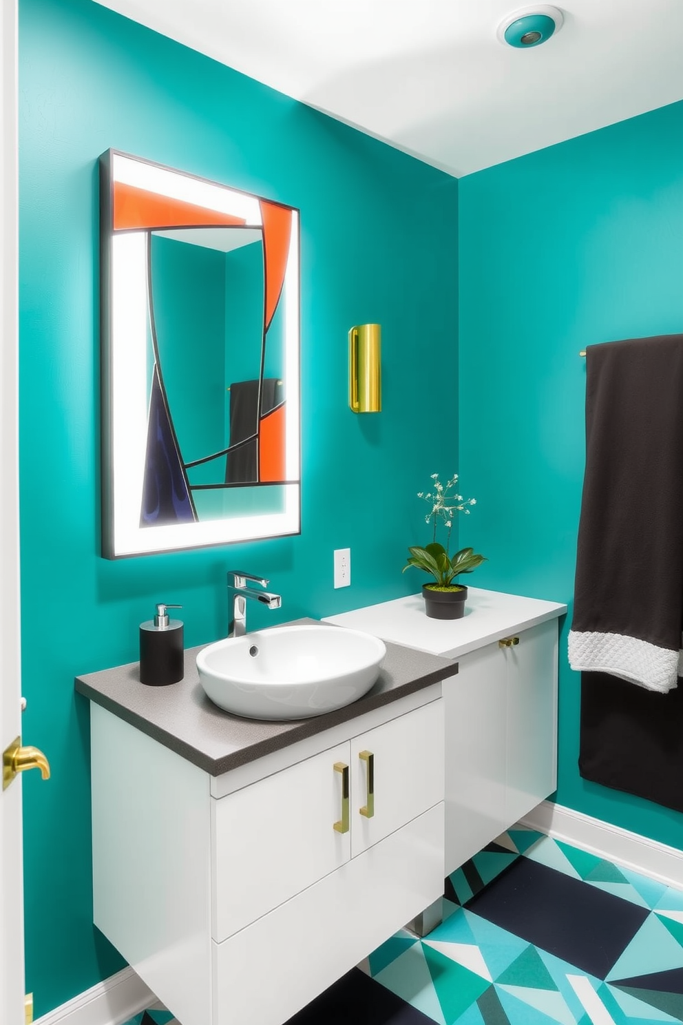 A funky mirror with an abstract design serves as the focal point of the modern powder room. The walls are painted in a vibrant teal, complemented by sleek white cabinetry and a stylish floating sink. Bold geometric patterns adorn the floor, while unique lighting fixtures add a playful touch. A small potted plant sits on the countertop, enhancing the room's fresh and lively atmosphere.