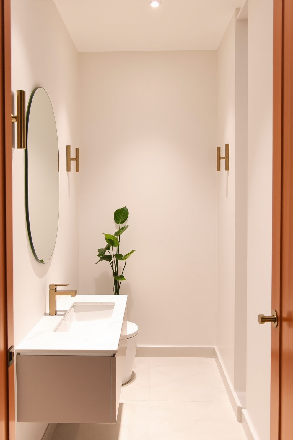 A modern powder room featuring high-contrast colors that create a striking appearance. The walls are painted in a deep navy blue while the trim and fixtures are in crisp white for a bold contrast. The vanity is a sleek black with a white marble countertop, complemented by a round mirror with a thin gold frame. Decorative elements include a vibrant red artwork on the wall and a small potted plant on the countertop for a pop of color.