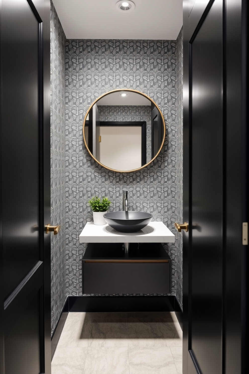 A modern powder room featuring innovative built-in storage solutions. The design includes a sleek wall-mounted vanity with integrated shelving and a minimalist mirror that enhances the sense of space. The walls are adorned with textured wallpaper in a soft neutral tone, creating an inviting atmosphere. A stylish pendant light hangs from the ceiling, illuminating the room while adding a touch of elegance.