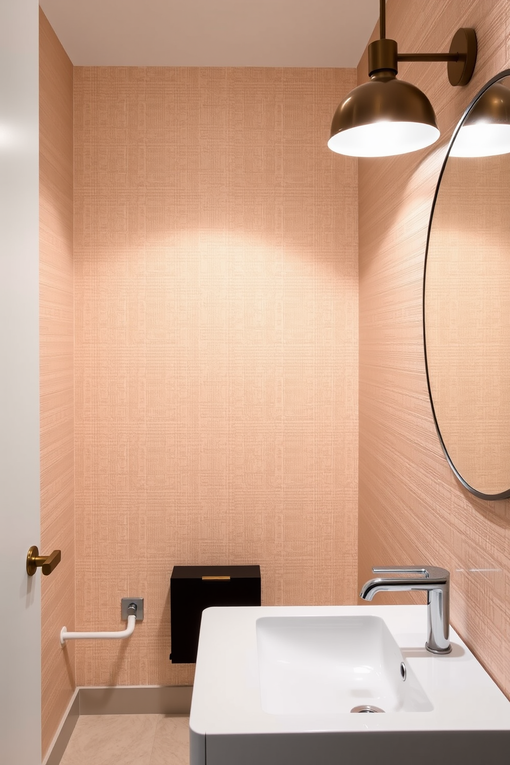 A modern powder room featuring bold lighting fixtures that create a warm and inviting ambiance. The walls are adorned with textured wallpaper in a soft hue, complemented by a stylish floating vanity with a sleek sink and ample storage.