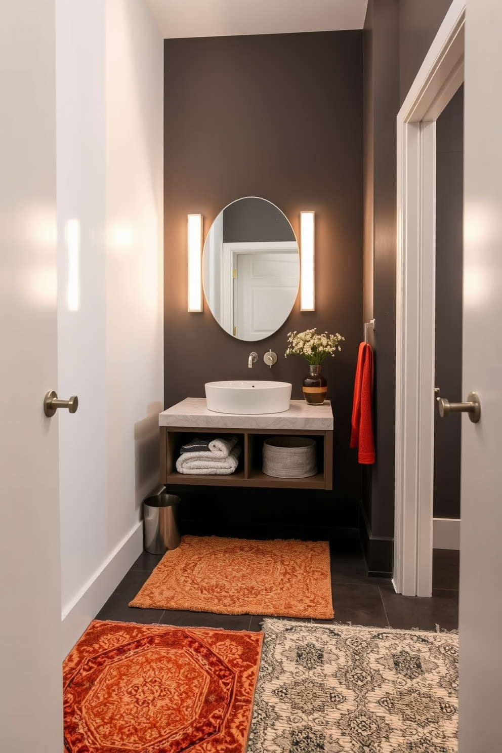 A whimsical powder room features vibrant colors and playful patterns that create a fun atmosphere. The walls are adorned with quirky wallpaper, and the fixtures are in unexpected shapes, such as a round sink and a uniquely designed mirror. Bright accessories like a colorful rug and decorative art pieces add to the playful vibe. Soft lighting enhances the cheerful ambiance, making the space inviting and enjoyable for guests.