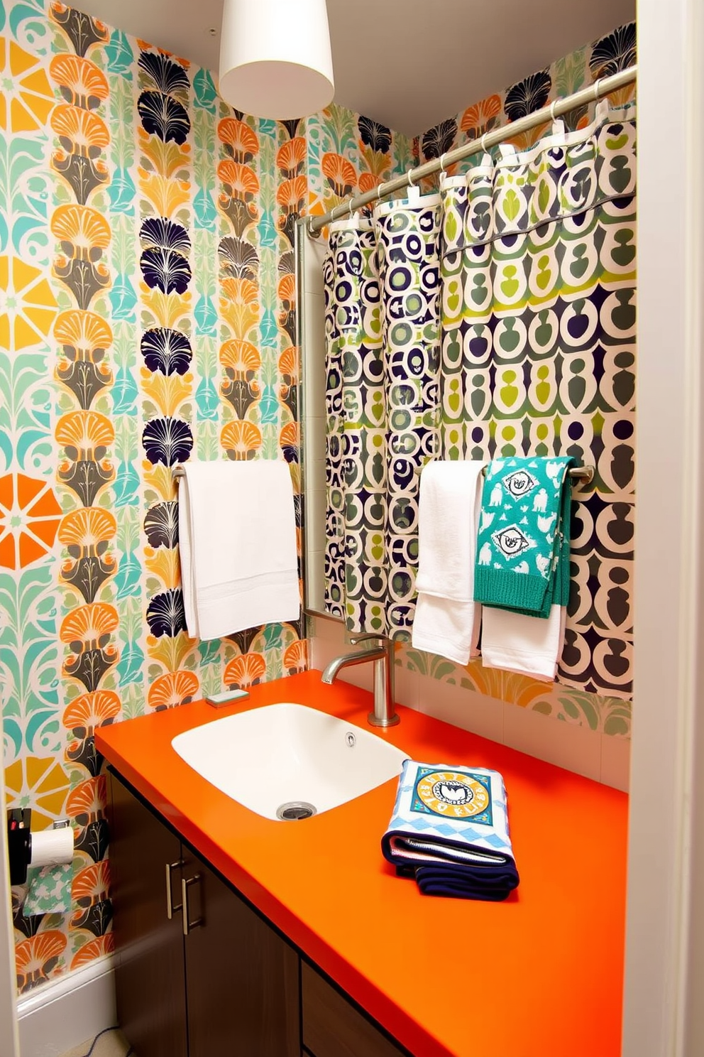 A modern powder room featuring playful patterns in textiles and towels. The walls are adorned with vibrant wallpaper showcasing geometric designs, while a stylish patterned shower curtain adds a touch of whimsy. The vanity is sleek and minimalistic, topped with a bright colored countertop. Decorative towels with fun prints are neatly arranged, complementing the overall cheerful atmosphere of the space.