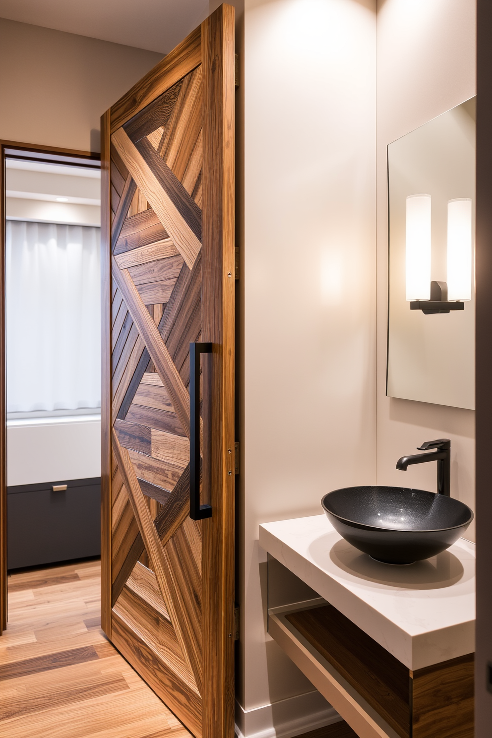 A unique door design featuring intricate geometric patterns made of reclaimed wood. The door is complemented by a sleek black handle and hinges, creating a striking focal point in the modern powder room. The powder room showcases a blend of contemporary elements with a touch of warmth. It includes a floating vanity with a vessel sink, paired with stylish wall-mounted faucets and ambient lighting that enhances the overall aesthetic.