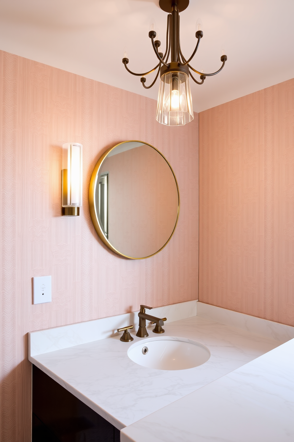 A sleek powder room featuring a monochromatic color scheme with varying shades of gray. Gold accents are incorporated through fixtures and decorative elements, adding a touch of luxury to the space. The walls are adorned with a textured gray wallpaper, complementing the elegant gray cabinetry. A chic gold-framed mirror hangs above a minimalist sink, enhancing the modern aesthetic of the room.