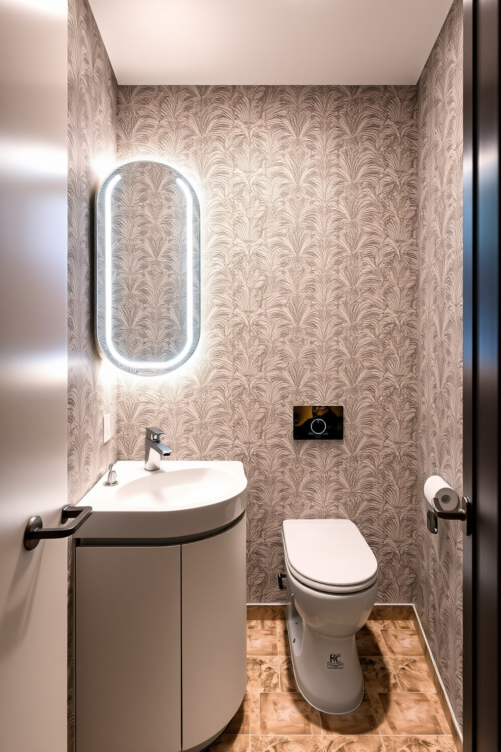 A modern powder room featuring smart technology integration for convenience. The space includes a touchless faucet, a smart mirror with built-in lighting, and a voice-activated lighting system. The walls are adorned with elegant wallpaper that complements the sleek vanity. A minimalist sink design and a compact toilet maximize functionality while maintaining a stylish aesthetic.