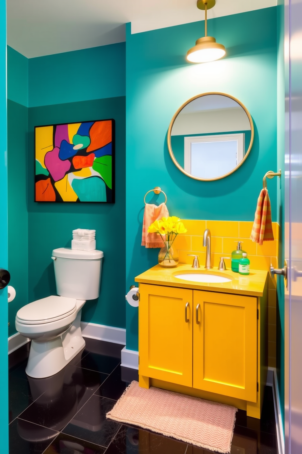 A modern powder room featuring natural wood accents that create a warm and inviting atmosphere. The space includes a sleek floating vanity with a rich wooden finish and a stylish round mirror above it. Soft ambient lighting illuminates the room, highlighting the textured wood paneling on the walls. A small potted plant sits on the countertop, adding a touch of greenery to the elegant design.