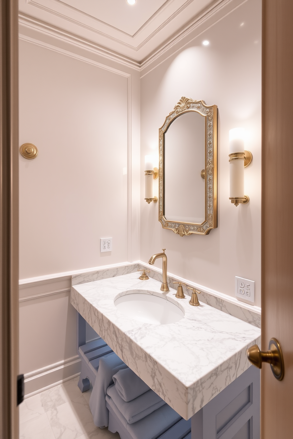 A luxury powder room featuring a stunning marble countertop with intricate veining. The space is adorned with elegant fixtures and soft ambient lighting that enhances the room's sophistication. The walls are painted in a soft neutral tone, creating a serene backdrop for the exquisite decor. A stylish mirror with a decorative frame hangs above the countertop, reflecting the beauty of the space.