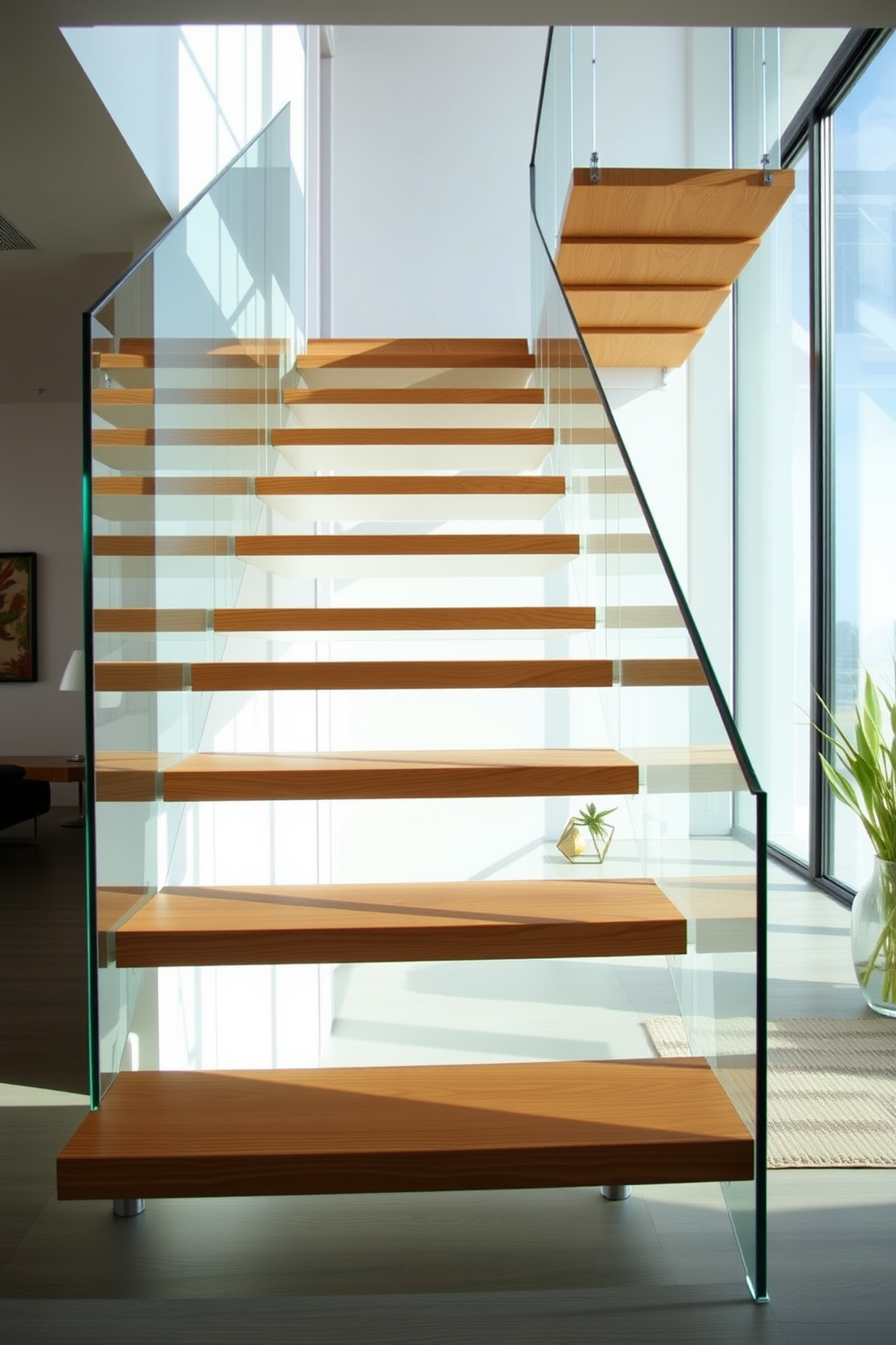 A stunning floating staircase design featuring sleek wooden treads that appear to hover effortlessly. The staircase is complemented by a transparent glass railing that enhances the open feel of the space. Natural light floods the area, illuminating the staircase and highlighting the elegant lines of the design. Surrounding the staircase, minimalist decor creates a harmonious and inviting atmosphere.