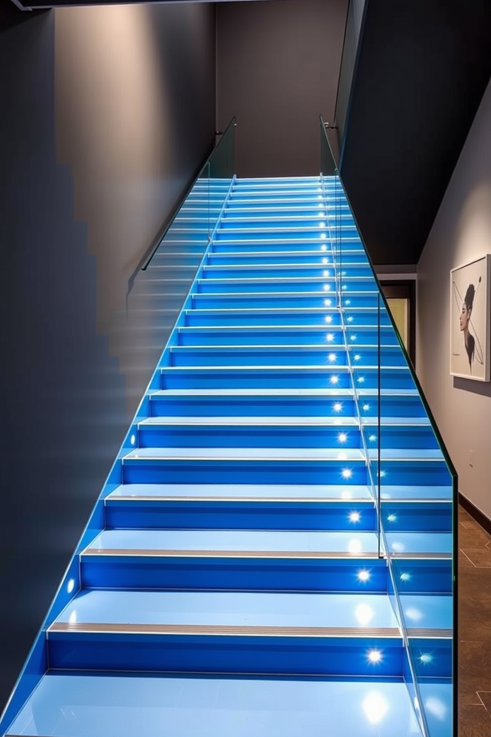 A striking geometric staircase features sharp angles and bold color accents that create a dynamic visual impact. The steps are painted in a vibrant blue, complemented by a sleek glass railing that enhances the contemporary aesthetic. The staircase is illuminated by strategically placed LED lights that highlight its unique design. Surrounding the staircase, the walls are adorned with minimalist artwork that echoes the staircase's geometric theme.