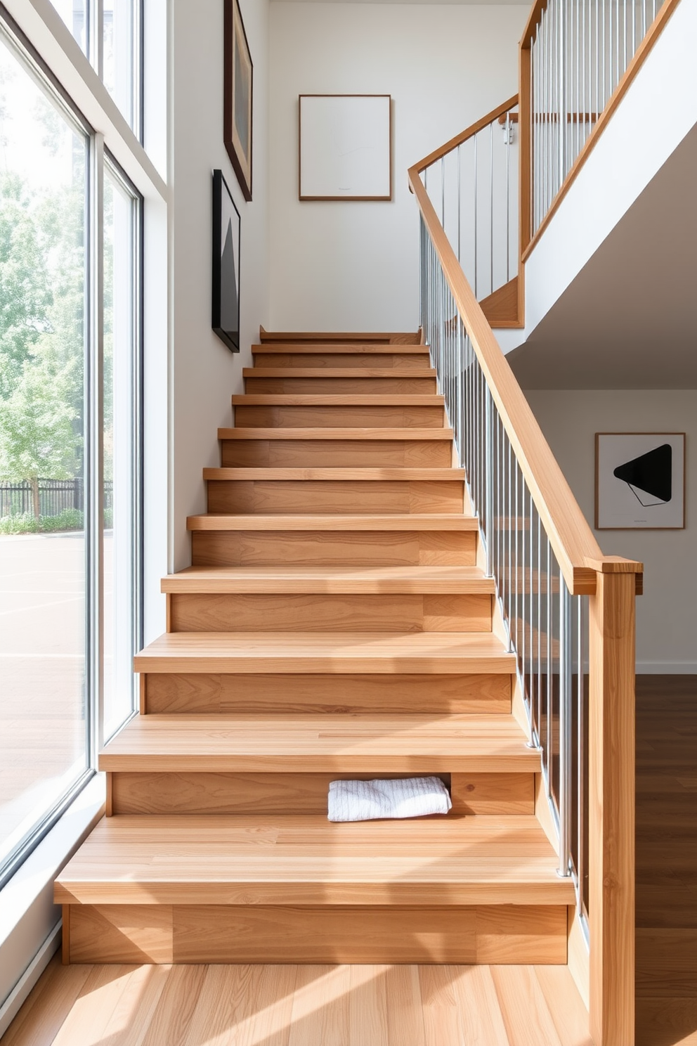 A contemporary staircase featuring sleek wooden steps with integrated storage solutions beneath each step. The walls are adorned with minimalist artwork, and natural light floods the space through large windows, highlighting the clean lines and functional design.