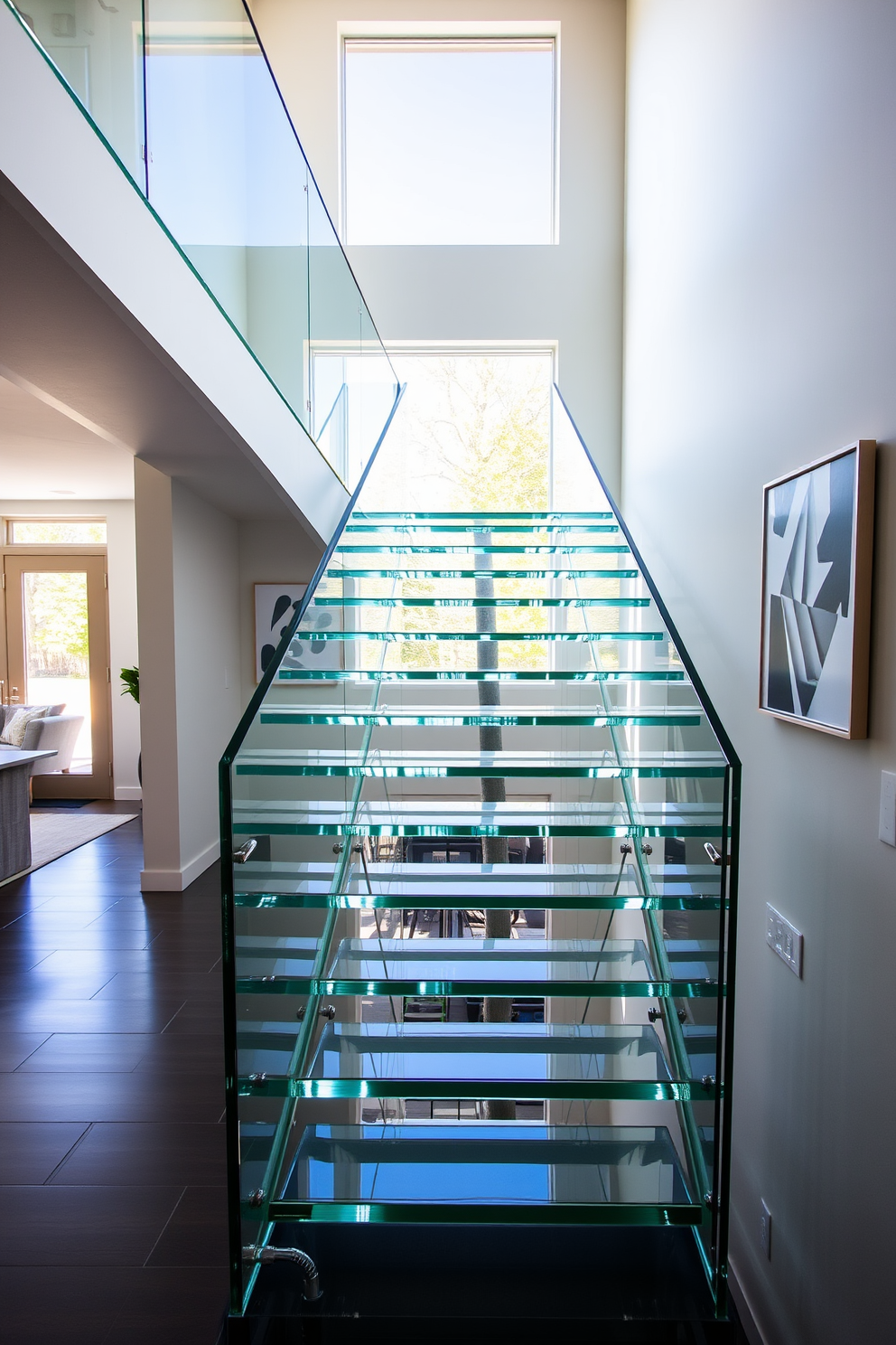 A stunning glass staircase showcases modern elegance with its sleek lines and transparent design. The staircase features a minimalist railing that complements the open concept of the surrounding space. Natural light floods the area, illuminating the glass steps and creating a sense of airiness. The staircase is framed by contemporary artwork on the walls, enhancing the overall aesthetic of the home.