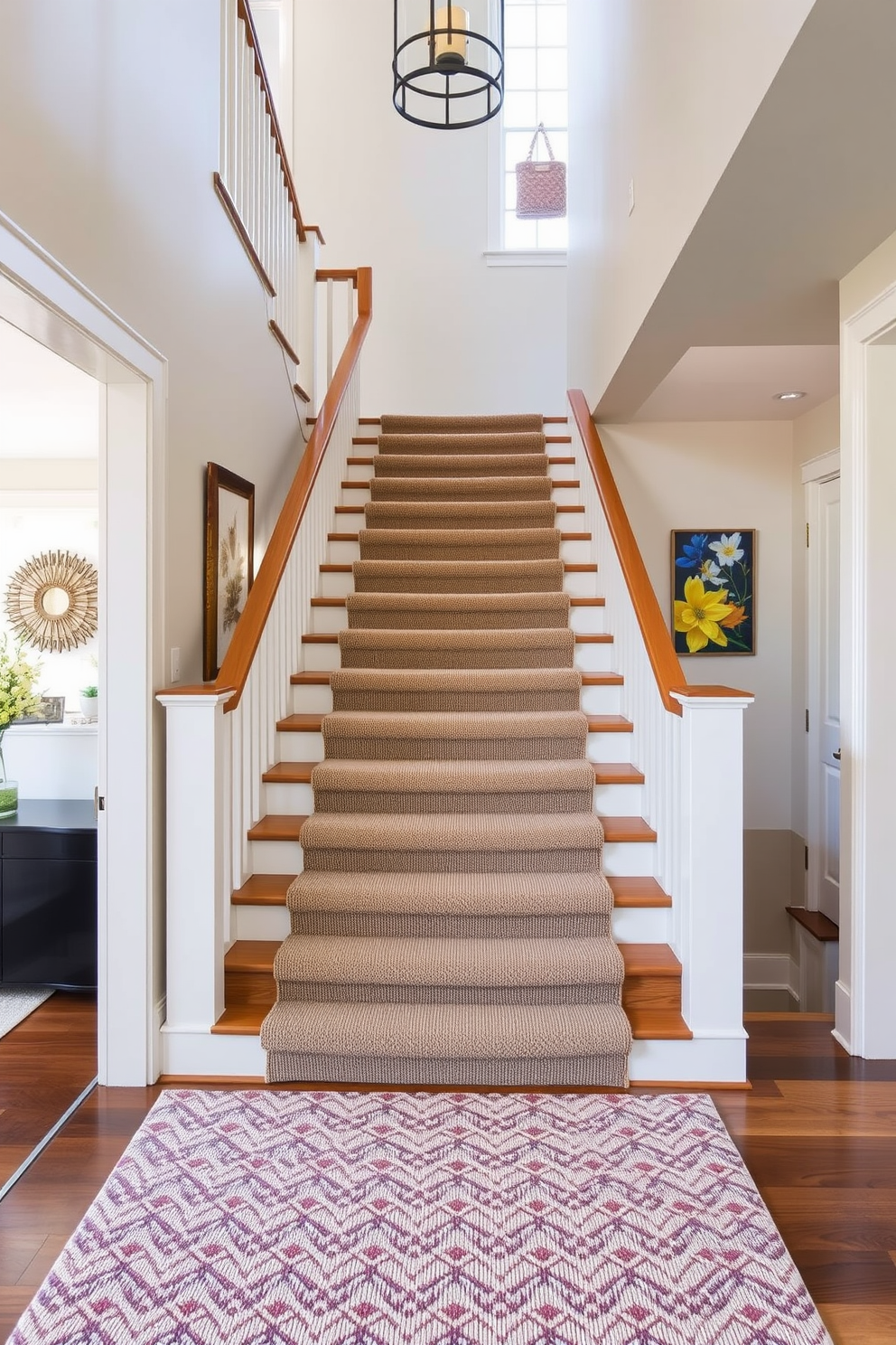 A modern staircase design featuring sleek lines and a minimalist aesthetic. The staircase is illuminated with colorful accent lighting that highlights its unique shape and structure. The handrail is made of tempered glass, providing an unobstructed view of the vibrant lights. The steps are crafted from polished wood, creating a warm contrast against the cool tones of the lighting.