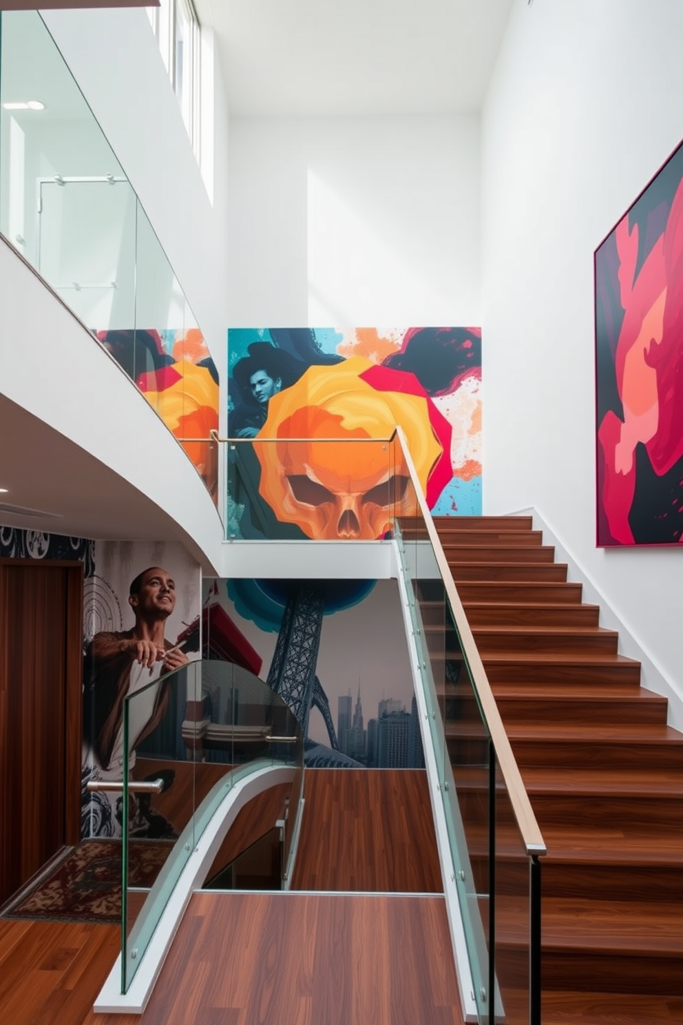 A striking modern staircase features alternating step heights that create a dynamic visual effect. The steps are crafted from rich oak wood, contrasting elegantly with a sleek glass railing that enhances the airy feel of the space. The staircase is illuminated by recessed lighting embedded in the wall, casting a warm glow on the wooden steps. Surrounding the staircase, the walls are painted in a soft white, allowing the design elements to stand out beautifully.