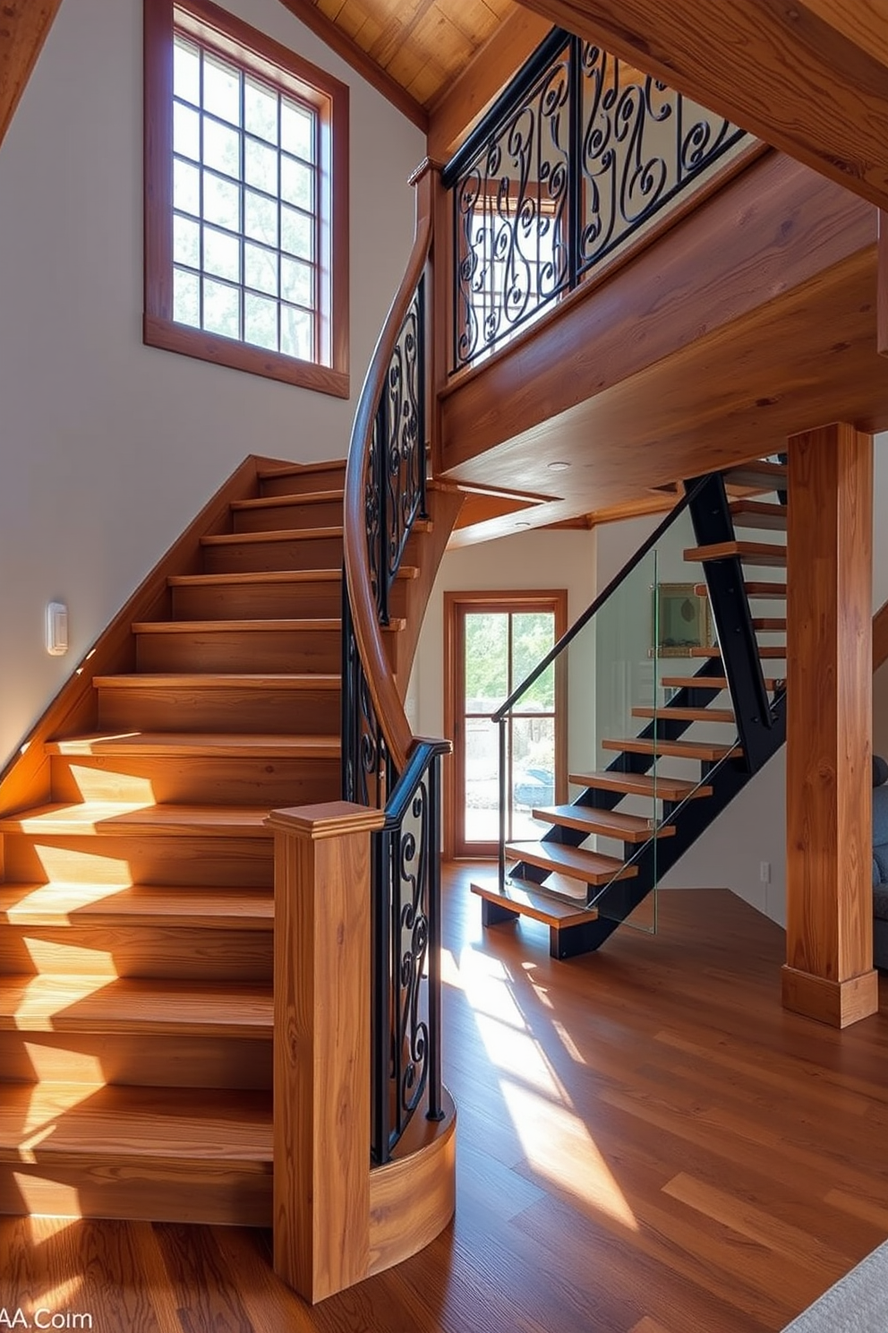 A rustic wooden staircase features rich, textured wood complemented by intricate wrought iron railings that add a touch of elegance. Natural light filters through a large window, casting warm shadows on the staircase, enhancing its inviting charm. The modern staircase design showcases sleek lines and a minimalist aesthetic, utilizing glass and steel for a contemporary look. Bold geometric shapes create a striking visual impact, making the staircase a focal point in the open living space.