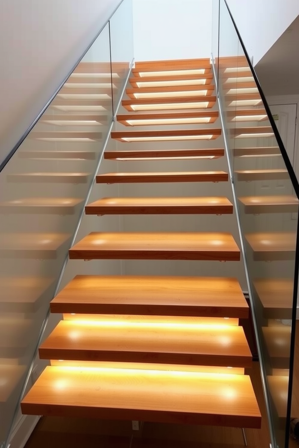 Art deco inspired staircase featuring intricate geometric patterns and rich color contrasts. The staircase is adorned with polished brass railings and a striking chandelier that enhances its elegance. Modern staircase design ideas incorporating sleek lines and minimalist aesthetics. The steps are crafted from natural wood, complemented by glass panels that create an open and airy feel.