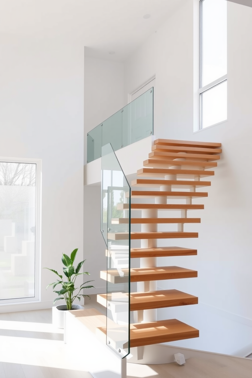 A modern staircase with a minimalist aesthetic features sleek wooden steps that seem to float above a glass railing. The walls are painted in a crisp white, enhancing the open and airy feel of the space while natural light floods in through large windows. The staircase is illuminated by recessed lighting that highlights its clean lines. A simple indoor plant is placed at the base, adding a touch of greenery without overwhelming the design.